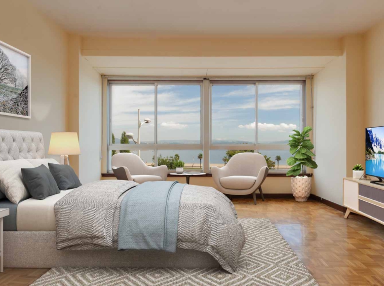 Recreación virtual de dormitorio con vistas al mar