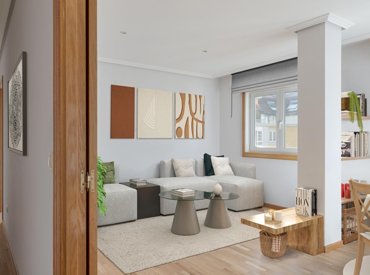 Acogedora sala de estar decorada con sofá gris, arte abstracto y estantes de madera en piso a la venta en Sada, reflejando un estilo de vida moderno y elegante.
