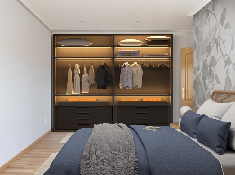 Dormitorio contemporáneo con armario iluminado y cama confortable, decorado con elegancia en piso de Sada, reflejo de tranquilidad y estilo