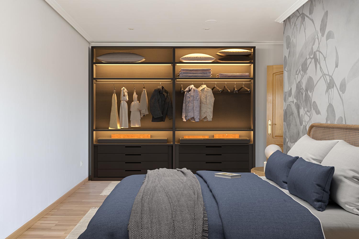 Dormitorio contemporáneo con armario iluminado y cama confortable, decorado con elegancia en piso de Sada, reflejo de tranquilidad y estilo