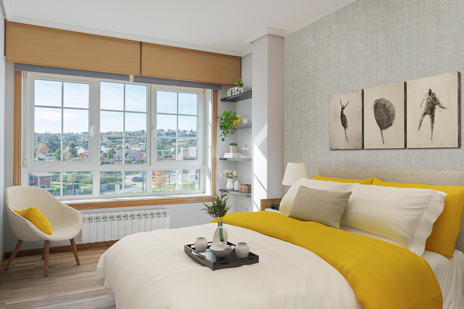 Un dormitorio moderno con grandes ventanas y vistas al exterior, con cama con ropa blanca y colcha amarilla, cuadros abstractos en la pared, y un sillón junto a la ventana, preparado con home staging