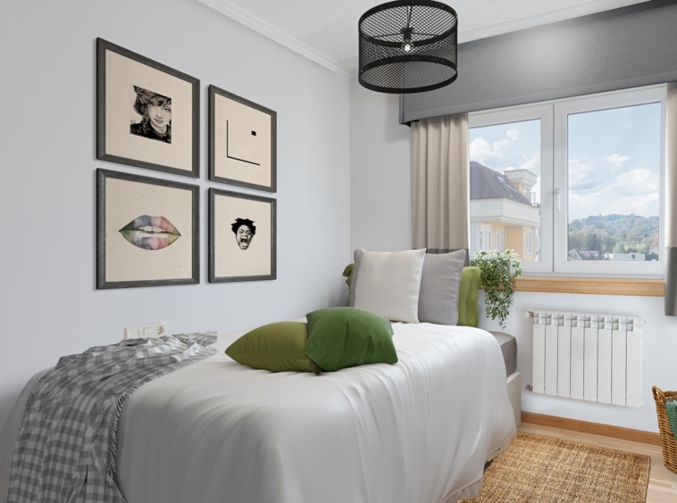 Habitación con una cama con sábanas blancas y decoración en tonos neutros y verdes, arte gráfico en la pared, vistas exteriores a través de la ventana y detalles decorativos como una lámpara de techo industrial y una cesta de mimbre