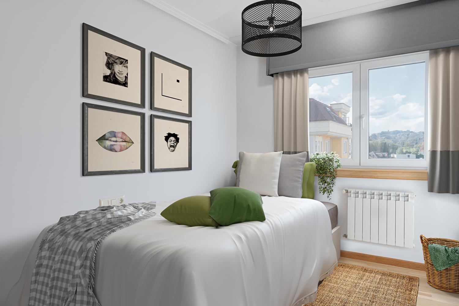 Habitación con una cama con sábanas blancas y decoración en tonos neutros y verdes, arte gráfico en la pared, vistas exteriores a través de la ventana y detalles decorativos como una lámpara de techo industrial y una cesta de mimbre