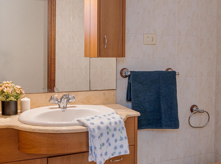 Baño bien iluminado con azulejos claros, mostrando un lavabo con gabinete de madera y un espejo grande con luces en la parte superior. Toallas azules y una planta pequeña adornan la escena, ofreciendo un ambiente práctico y acogedo